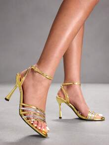 CUCCOO SZL Charming Gold Bow High Heels - Women's Fashion Metallic Open Toe Slip-On Stiletto Heel Sandals, Suitable For Party And Evening Occasions - Gold - View 1