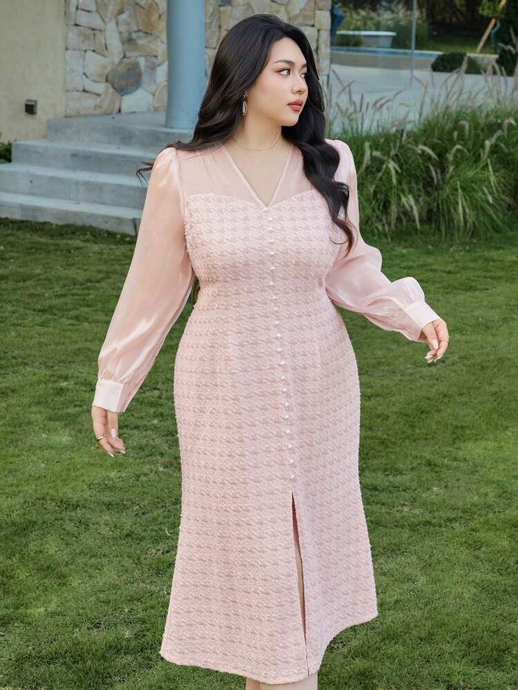 Dazy Plus Valentine Contrast Color Block V-Neck Lantern Sleeve Fitted Dress With Side Slit, Elegant Plus Size Houndstooth Dress For Dates Sundress