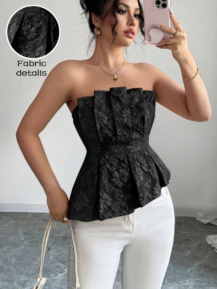 Rafferiza 女士奢华优雅花卉抹胸不对称上衣 - 黑色 - 查看 1