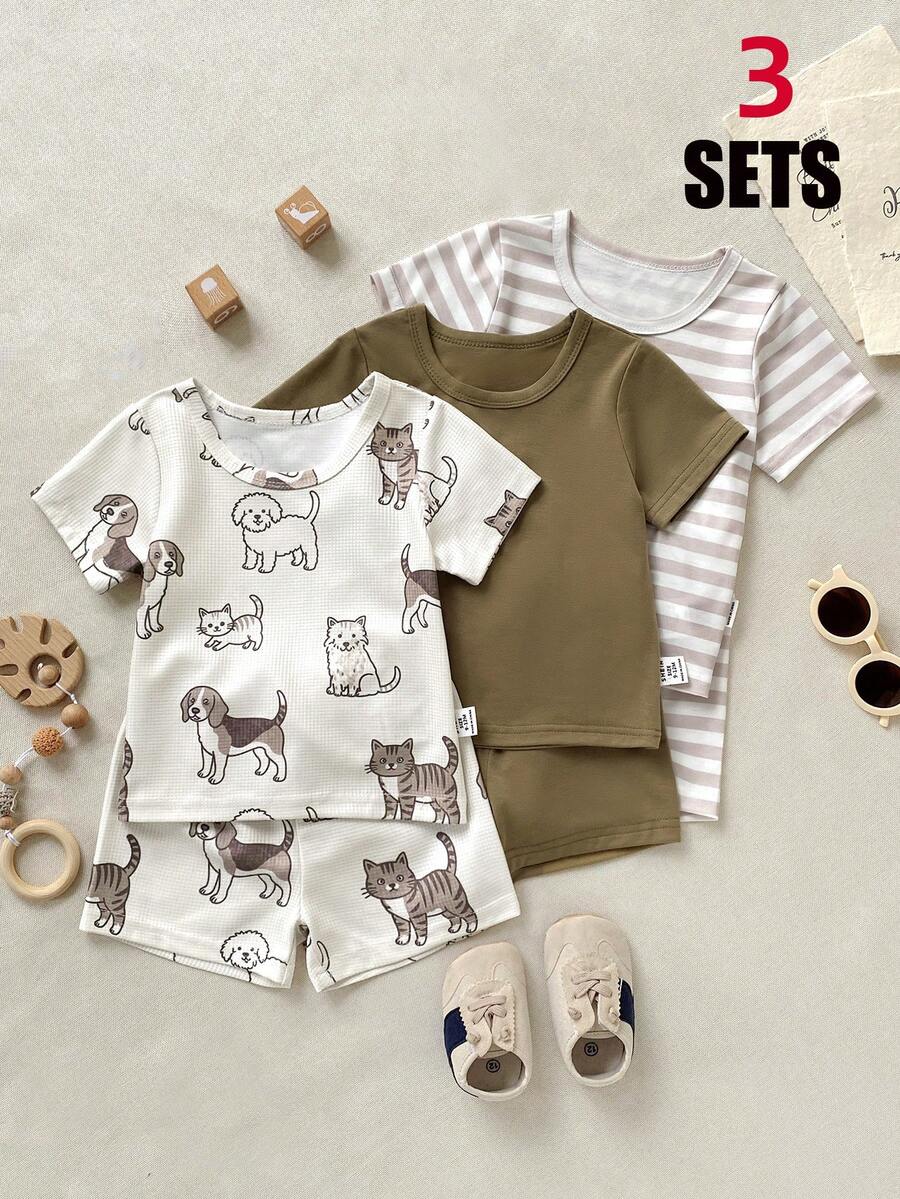 Playful Pals 3 Sets Toddler Boys Cute Casual Cartoon Dog Cat Graphic Print Waffle Texture Solid Green Striped Short Sleeve Round Neck T-Shirt Tops And Shorts Pants Bottoms Soft Stretchy Two Piece Outfits Clothing Sets For Daily Home Playwear Summer - Multicolor - View 1