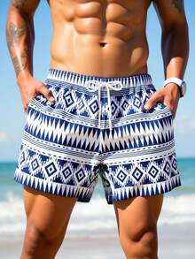 Manfinity Swimmode Summer Men's Summer Vacation All-Over Print Drawstring Waist Beach Shorts - Navy Blue - View 3