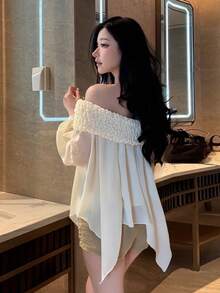 DAZY 优雅露肩花卉装饰上衣，适合情人节、婚礼、派对、时尚活动等场合，长袖春季波西米亚风度假装扮，女士 - 米色 - 查看 12
