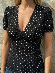 EMERY ROSE Black Background White Polka Dot Waist Cinched Short Puff Sleeve V-Neck Lace Trim Blouse - Black - View 1