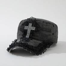 ROMWE Anime 1 Ladies Cross L Lace Flat Top Cap Outdoor Adjustable Baseball Cap - Black - View 3