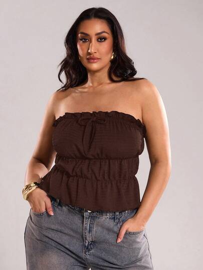 SHEIN BAE Plus Size Women High Street Black Elastic Bandeau Top, Cropped Top, Sexy, Cool Girl, Suitable For Casual Wear, Outings, Dating, Tea, Vacation, Spring/Summer, Back To School, Work