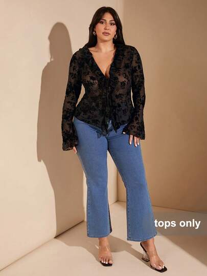 SHEIN BAE Plus Size Women Elegant And Sexy Black Long Bell Sleeve Sheer Cardi, Blouse Suitable For Everyday Wear, Outdoor, Date, Afternoon Tea, Vacation, Spring/Summer, Graduation, Daily,Summer/Summer Outfits For Women