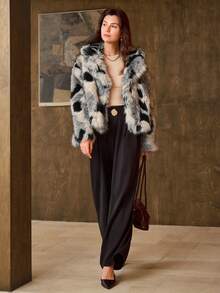 Hansera Autumn/Winter New Black & Gray Leopard Print Faux Fur Coat, Women's New Winter Lapel Faux Fur Coat, Christmas Dress, Christmas Women's Wear, Christmas Clothing, Women's Autumn/Winter Wear, Women's Autumn Wear, Winter Clothing, New Year Clothing, New Year Clothing, Black & Gray Coat, French Elegant Warm Coat, Skin-Friendly Comfortable Fabric, Slimming Silhouette, Fashionable Women's Versatile Warm Faux Fur Coat - Grey - View 4