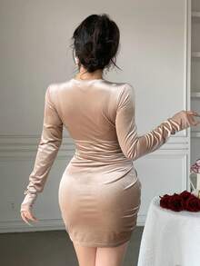 DAZY Đầm ôm sát cổ chữ V xếp ly thanh lịch dành cho nữ, mùa thu - Màu be - Xem 4