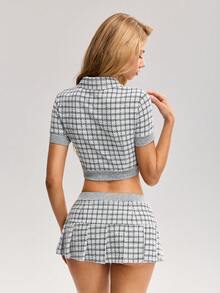 Sweetina Women's Casual Plaid Collar Cardigan Top And Waist Splicing A-Line Skirt 2 Piece Set