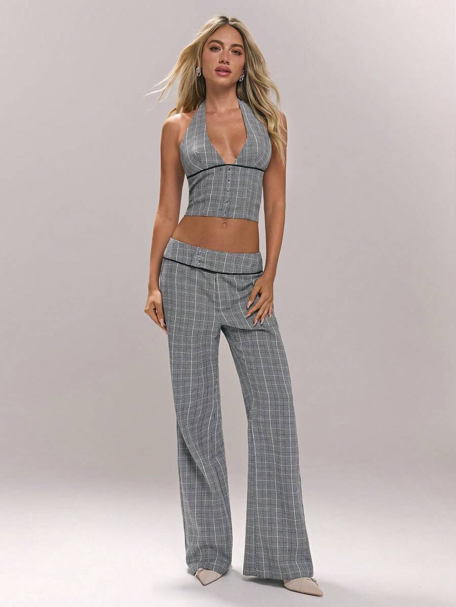 Sweetina Backless Plaid Halter Deep V-Neck Women Tank Top - Grey - View 1