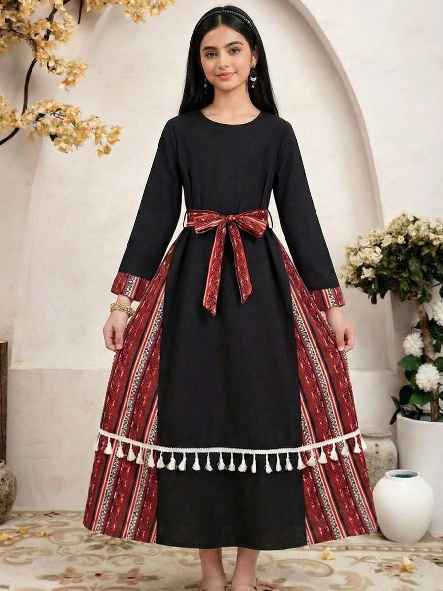 SHEIN Teen Girl Striped Patchwork Round Neck Long Sleeve Tassel Design Dress - Grey - View 1