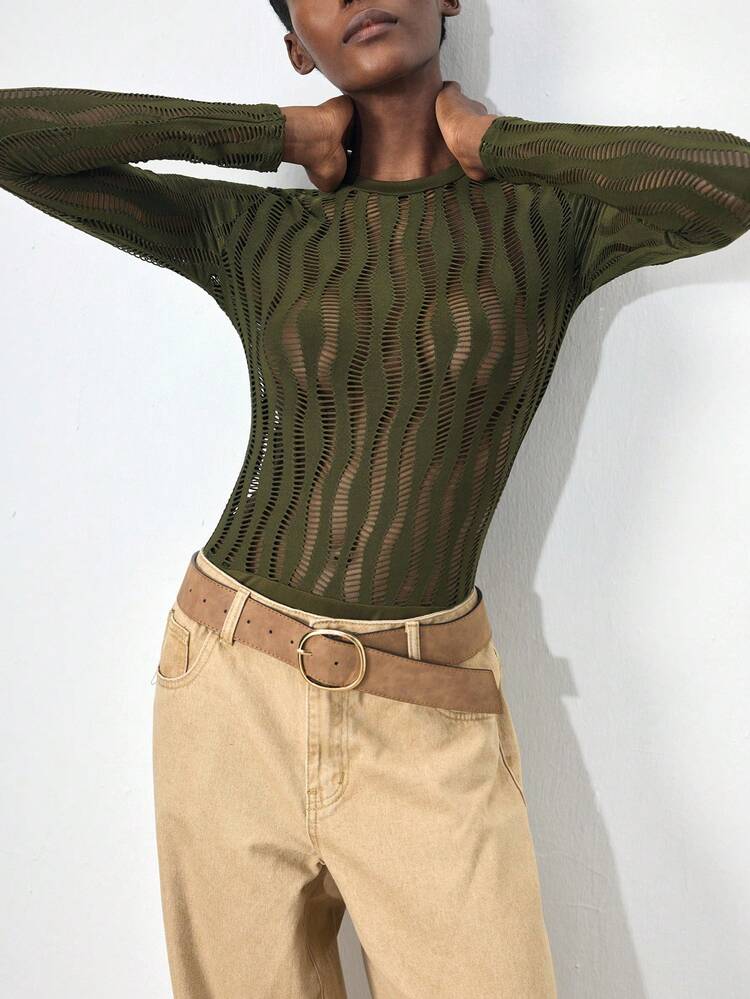 SHEIN Maija Women's Fashionable Sexy Hollow-Out Sheer Bodysuit Mesh Top Long Sleeve See Through Top Mesh Tops See Through Tops Khaki Top  St Patrick's Day Women Easter Summer Outfits Easter Dress Women Party Top Beach Dress Summer Holiday Outfits Each Vacation Outfits For Women  Summer Outfit For Women Going Out Outfits Graduation Graduation Outfit  Casual Dresses  Casual Blouses For Women