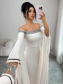 Elenzga Elegant Waist Cinched Off-Shoulder Apricot Long Dress, Fashionable & Chic, Spring/Summer - Apricot - View 7
