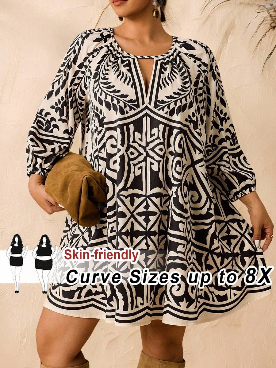 SHEIN CURVE+ Plus Size Hollow Neck Allover Print Casual Vacation Dress Boho Tops Plus Size Cruise - Black and White - View 1