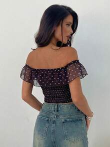 Aloruh Áo kiểu trễ vai chấm bi nâu, chất liệu chiffon xếp ly, giả xương cá, dành cho nữ, thích hợp đi biển, nghỉ hè, đi chơi, đi nghỉ mát. - màu nâu - Xem 7