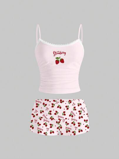 Sweetness 可爱甜美草莓标语蝴蝶结爱心性感吊带背心和短裤两件套女装