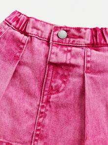 SHEIN Baby Girl Casual Pleated Denim Mini Skirt, Everyday Wear - Pink - View 3