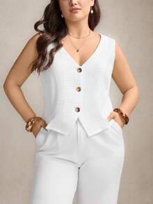 SHEIN LUNE Áo kiểu nữ cỡ lớn, cài một hàng cúc, cổ chữ V, không tay, màu trắng, thích hợp cho mùa hè hoặc dịp Valentine, chất liệu cotton, kiểu dáng thường ngày. - trắng - Xem 5
