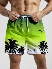 Manfinity Swimmode Men's Drawstring Waist Pockets Coconut Tree Print Casual Vacation Beach Shorts - Green - View 6