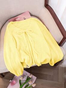 Airaco Plus Size Solid Color Minimalist Long Sleeve Lightweight Cardigan, Everyday Wear - Yellow - View 1