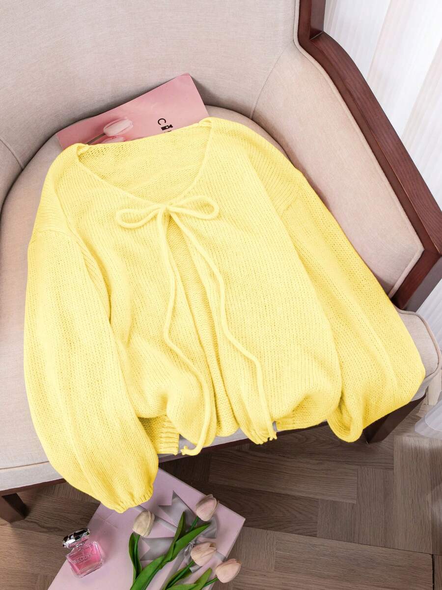 Airaco Plus Size Solid Color Minimalist Long Sleeve Lightweight Cardigan, Everyday Wear - Yellow - View 1