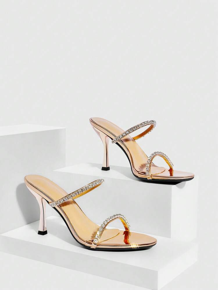 CUCCOO SZL Women's Rhinestone Embellished Elegant High Heel Slide Sandals Prom Heels Summer Shoes
