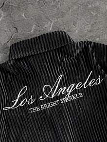 GENTILAND 男士休闲日常通勤字母刺绣灯芯绒短袖衬衫 男士街头风图案纽扣衬衫 男士网眼度假衬衫 男士短袖纽扣衬衫 - 黑色 - 查看 5