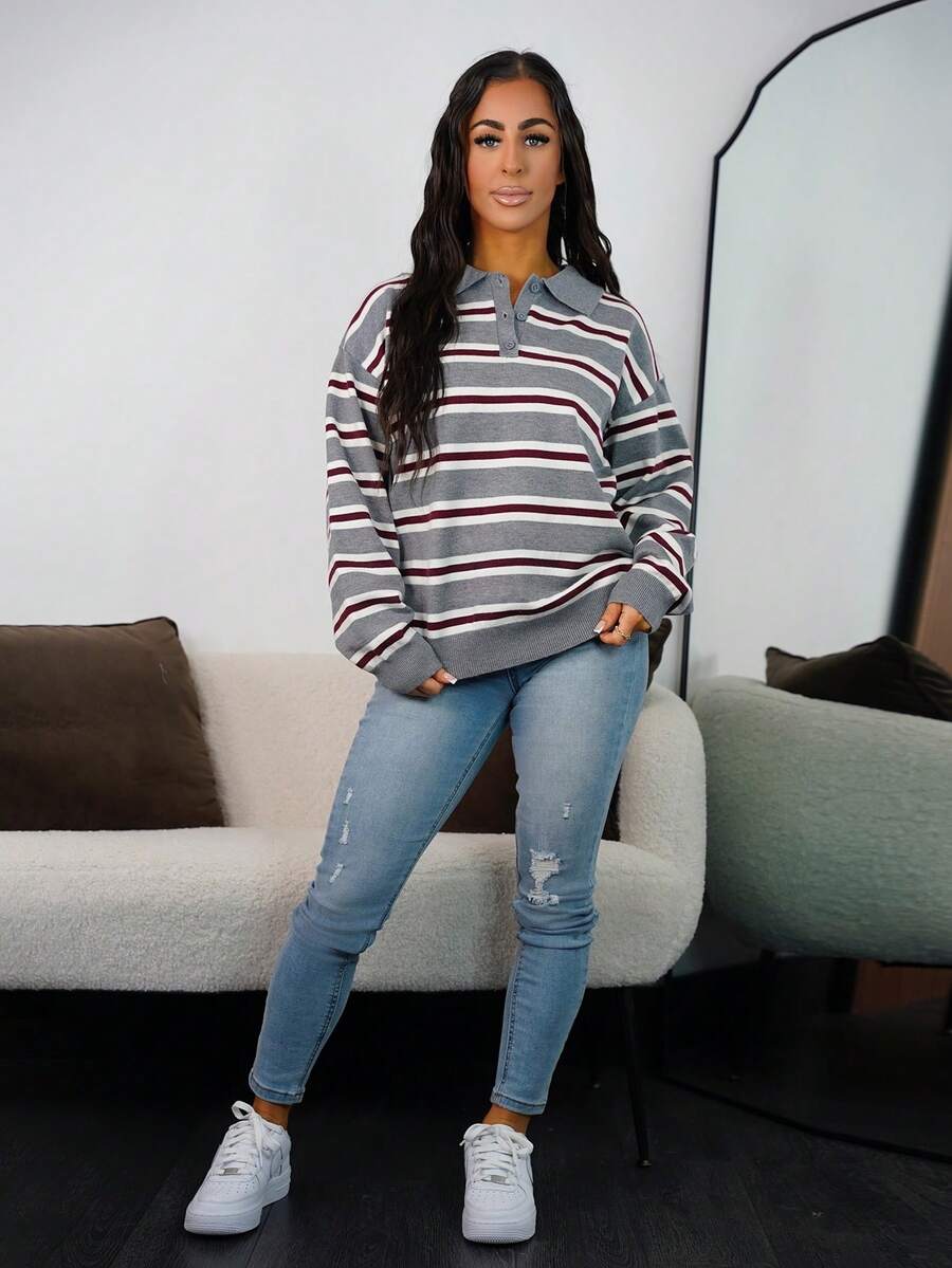 SAYEHFBABY Women's Autumn Retro Striped Turtleneck Sweater - Dark Grey - View 1