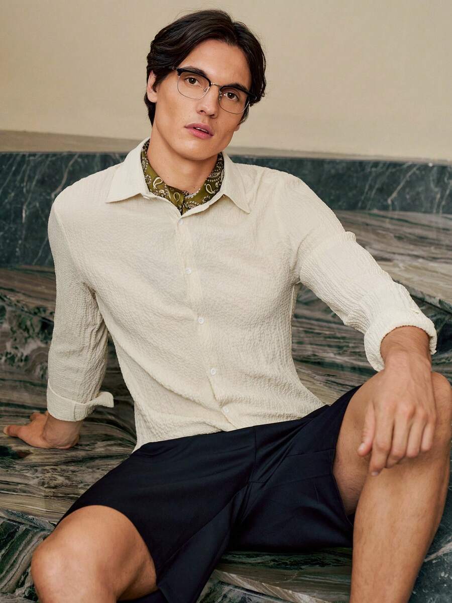 RONVEXI Áo sơ mi dài tay nam màu trơn kiểu dáng thường ngày - Màu be - Xem 1