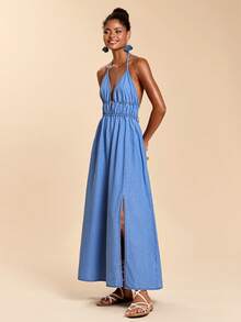 Travachic Women's Light Blue Denim Halter Neck Long Dress, Sexy Backless Summer Vacation Dress, Elegant Skirt - Light Wash - View 8