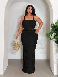 Veslaya 2025 New Sexy/Vacation/Elegant Sleeveless Hollow-Out Cropped Top And Bodycon Maxi Skirt Set - Black - View 4