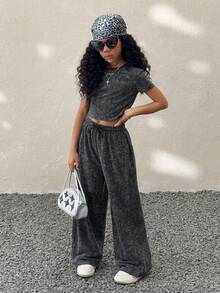 Tween Girls Spring/Summer Streetwear Minimalist Washed Grey Bustier Slim Fit Tees Straight Leg Baggy Mid Rise Straight Pants Two Pieces Outfits - Black - View 6