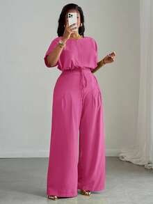 Slaydiva Women's Plus Size 2-Piece Set Blush Pink,Summer,Casual,Everyday,Formal Elegant Commute Loose Drop Shoulder Drawstring Cropped Top & Wide Leg Pants - Hot Pink - View 10