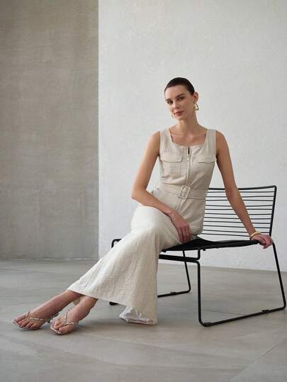 MOTF PREMIUM WOMEN'S LINEN SLEEVELESS CROPPED TOP WITH POCKETS, SPRING/SUMMER