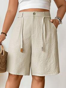 Breezaya 大码仿亚麻材质，束腰直筒五英寸短裤，休闲百搭，适合外出、度假、约会和派对穿着。 - 杏色 - 查看 3