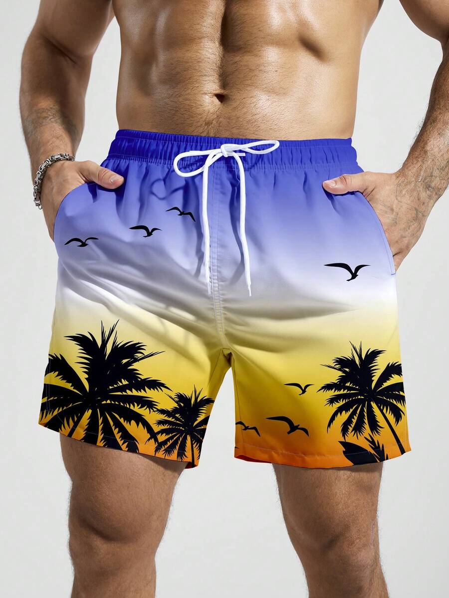 Zalmeno Men's Drawstring Waist Pockets Coconut Tree Print Casual Vacation Beach Shorts - Blue - View 1