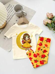 SHEIN Baby Girl Summer Loungewear Cute Cartoon Girl Print Pattern Burgundy Rose Star Moon Design White Floral Snug Fit Family Matching Vacation Loungewear - Multicolor - View 6