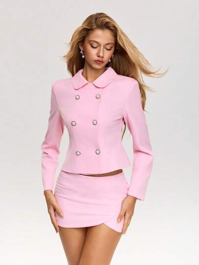 Sweetina Women's Elegant Solid Color Blazer Top With Asymmetric Hem And Skirt 2 Pieces Set Blazer Skirt Set Pink Suits For Women