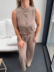 Jeta Ari Women's Crew Neck Sleeveless Top And Loose Fit Pants 2 Pieces Set - Khaki - View 3