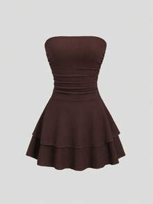 Sweetra Vestido mini de punto sin tirantes de unicolor simple para mujer, vestido de pastel de múltiples capas - Café - Ver 3