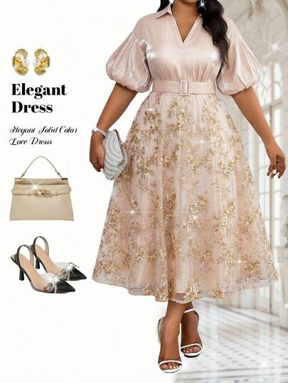 Fleurora Plus Size Elegant Party Embroidered Mesh Patchwork Dress