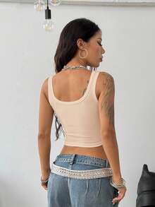 Coolane Women's Spring/Summer Concert Outfit Rave Outfit Festival Going Out Renaissance Fair  Y2K Rib Knit Notched Collar Truncated T-Shirt Tees Sexy Tops For Club Nude Top Sexy Crop Top - Apricot - View 7