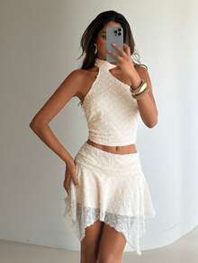 Aloruh 女士杏色优雅性感时尚纯浪漫海滩度假约会外出针织提花吊带上衣和波西米亚风半裙两件套，春夏款 - 杏色 - 查看 8