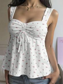 MainGRL Cute Ditsy Floral Full Coverage Drawstring Camisole Tank Top, Casual Vacation Wear, Chic Summer Blouse Spring - Multicolor - View 5