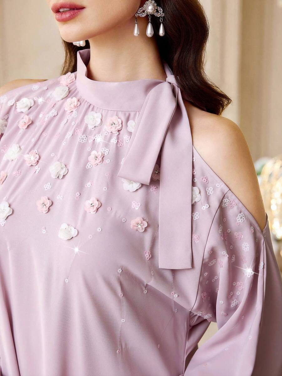 Al Najma 女士3D立体花卉装饰露肩长袖阿拉伯风格连衣裙 - 粉色 - 查看 1