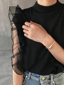 FRIFUL Women's Turtleneck Ribbed Tank Top With Mesh Ruffle Trim Sleeveless Patchwork T-Shirt - Black - View 8