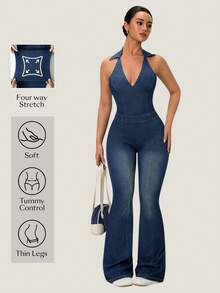Flexra Women's Sexy Backless Halter Neck Washed Denim Jumpsuit, Summer