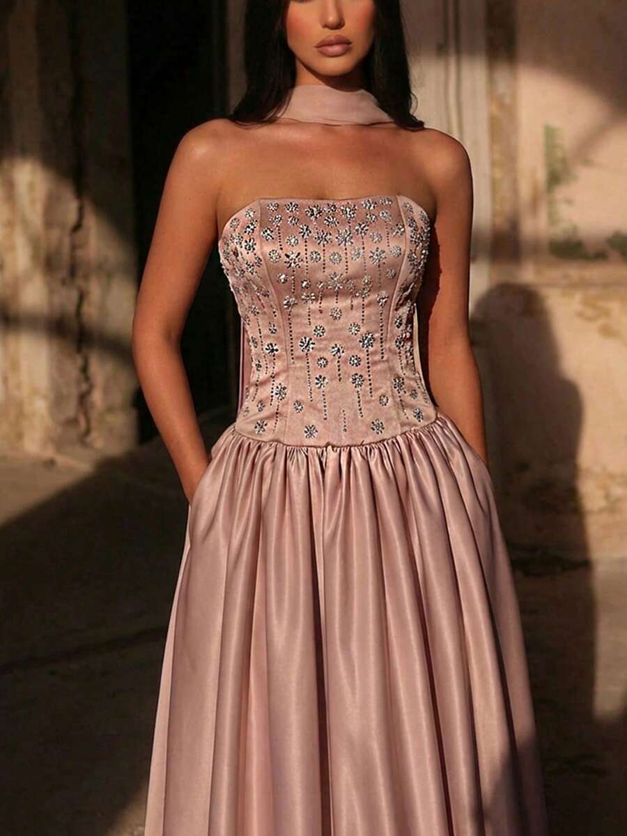 Glamrae Elegant Lustrous Satin Beaded Bustier A-Line Maxi Skirt Set,Detachable Chiffon Flounce Adjustable Tie Waist Gala Dress For Weddings,Formal Events - Khaki - View 1