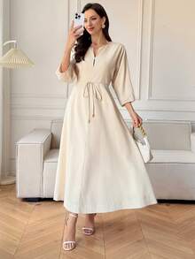 Vivie Lora Women's V-Neck Waist Cinched Midi Linen Dress, Vacation Style Sundress - White - View 6