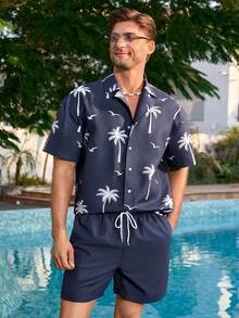 Manfinity Swimmode Men's Short Sleeve Drop Shoulder Front Button Casual Summer Loose Beach Outfit - Navy Blue - View 7